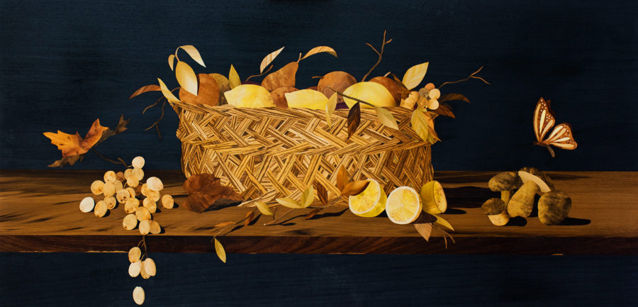 Still life – 2019 – Marquetry Wood inlay – 96x48cm – €6 000