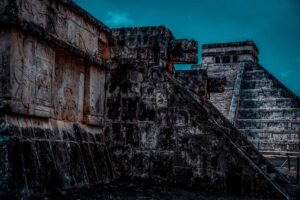 Mystical Maya country snake heads in fornt of  temple of Kukulcan in Chichen Itza 